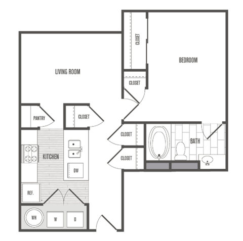 Floor plan for 1 bed, 1 bath, 595 sqft